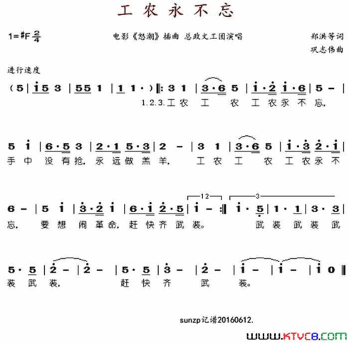 工农永不忘电影《怒潮》插曲简谱