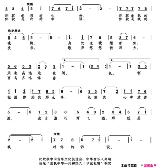 祖国，我对你诉说简谱