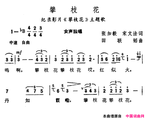 攀枝花纪录片《攀枝花》主题歌简谱