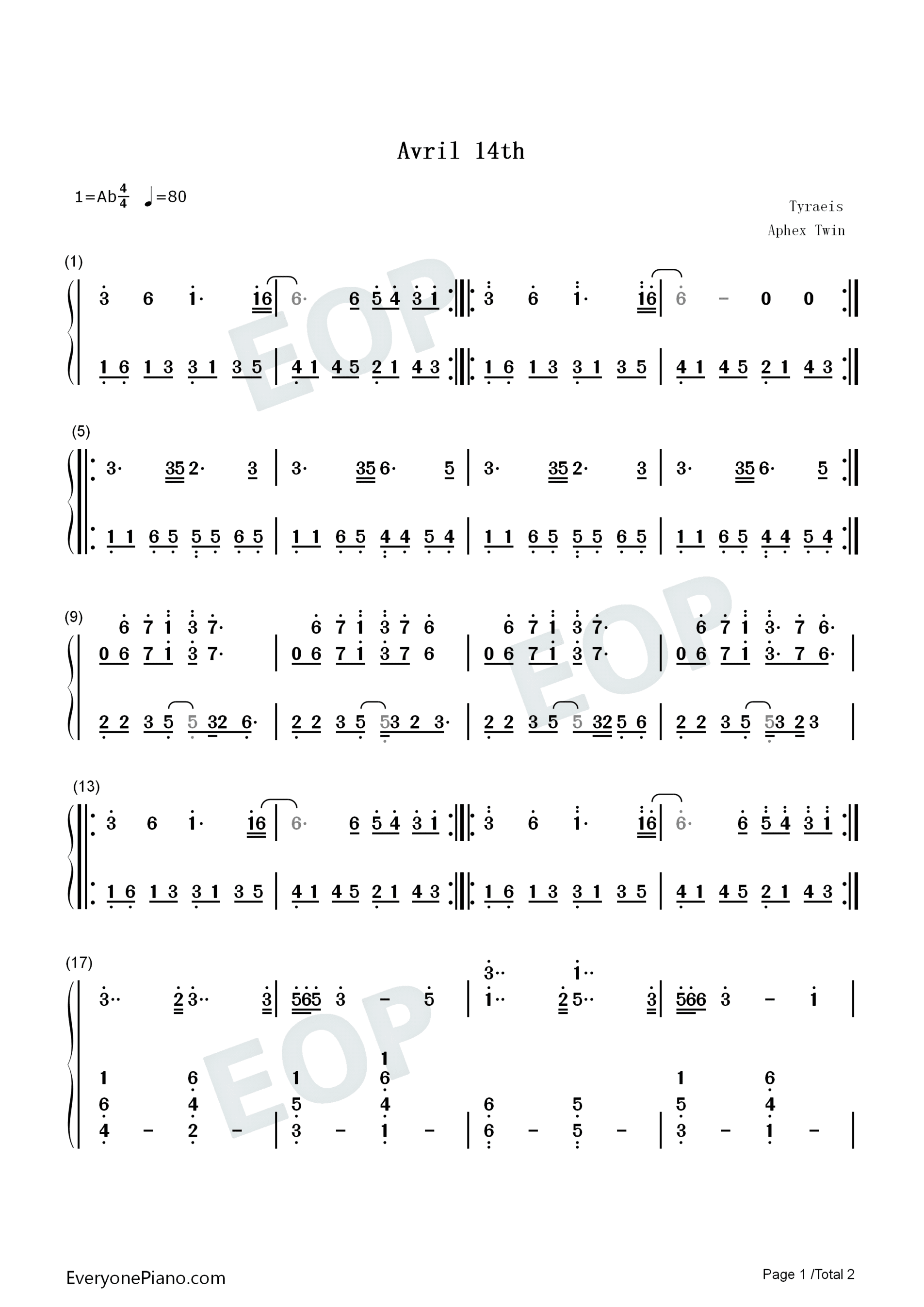 Avril 14th-Aphex Twin双手简谱预览1