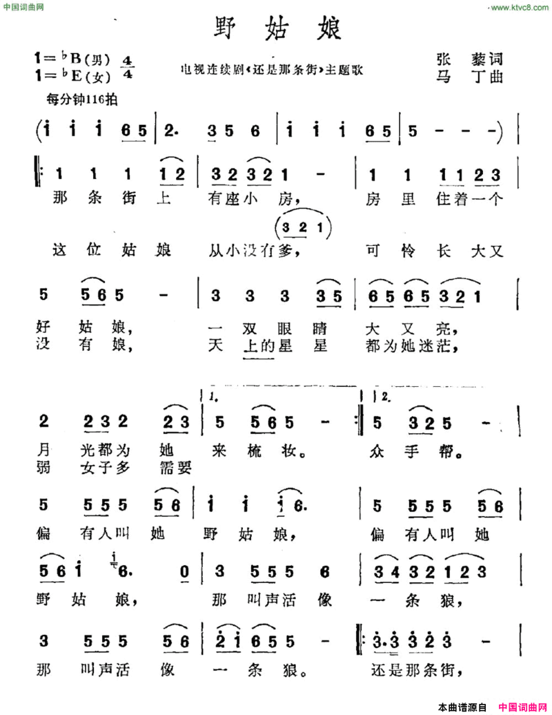 野姑娘电视剧《还是那条街》主题曲简谱