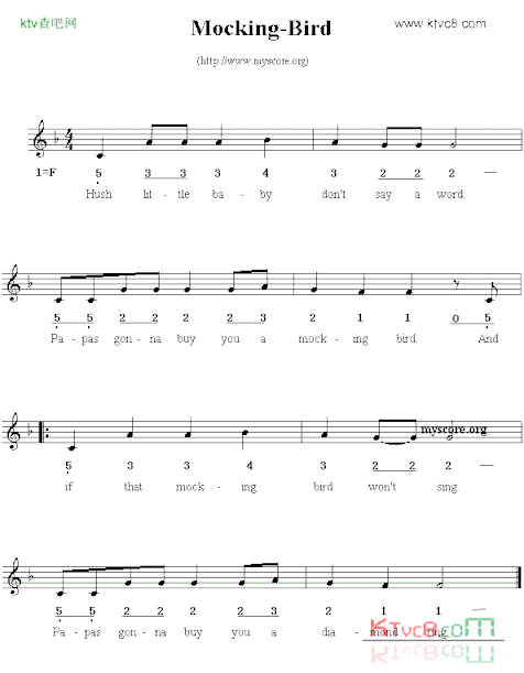 Mocking-bird线简谱混排版、英文儿歌简谱