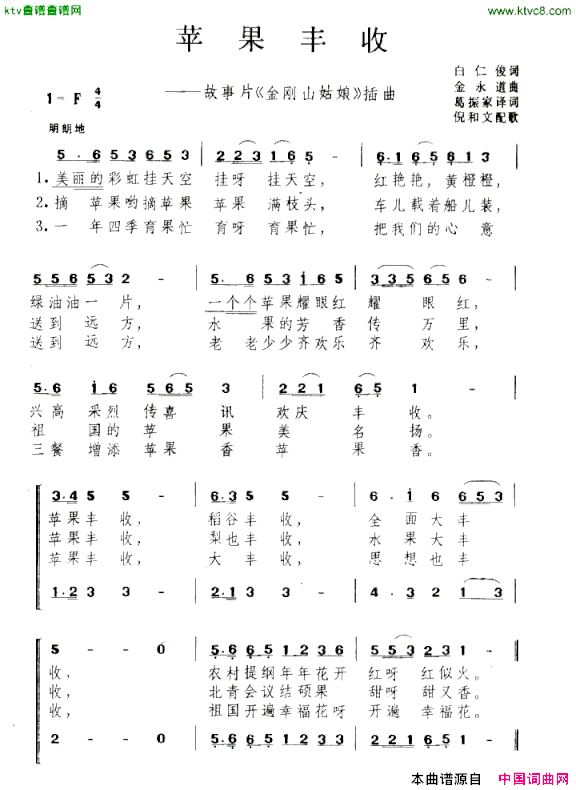 苹果丰收电影《金刚山姑娘插曲[朝鲜]简谱