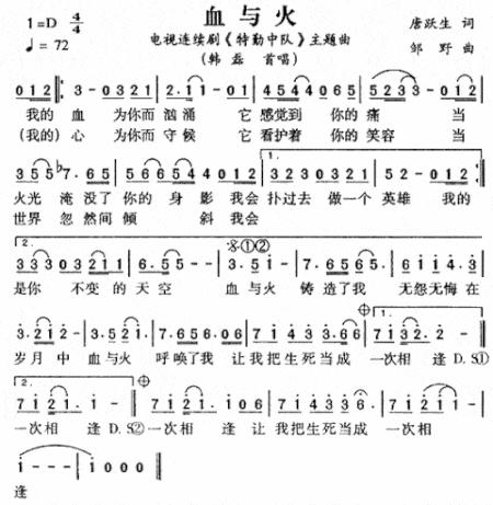 血与火《特勤中队》主题曲简谱