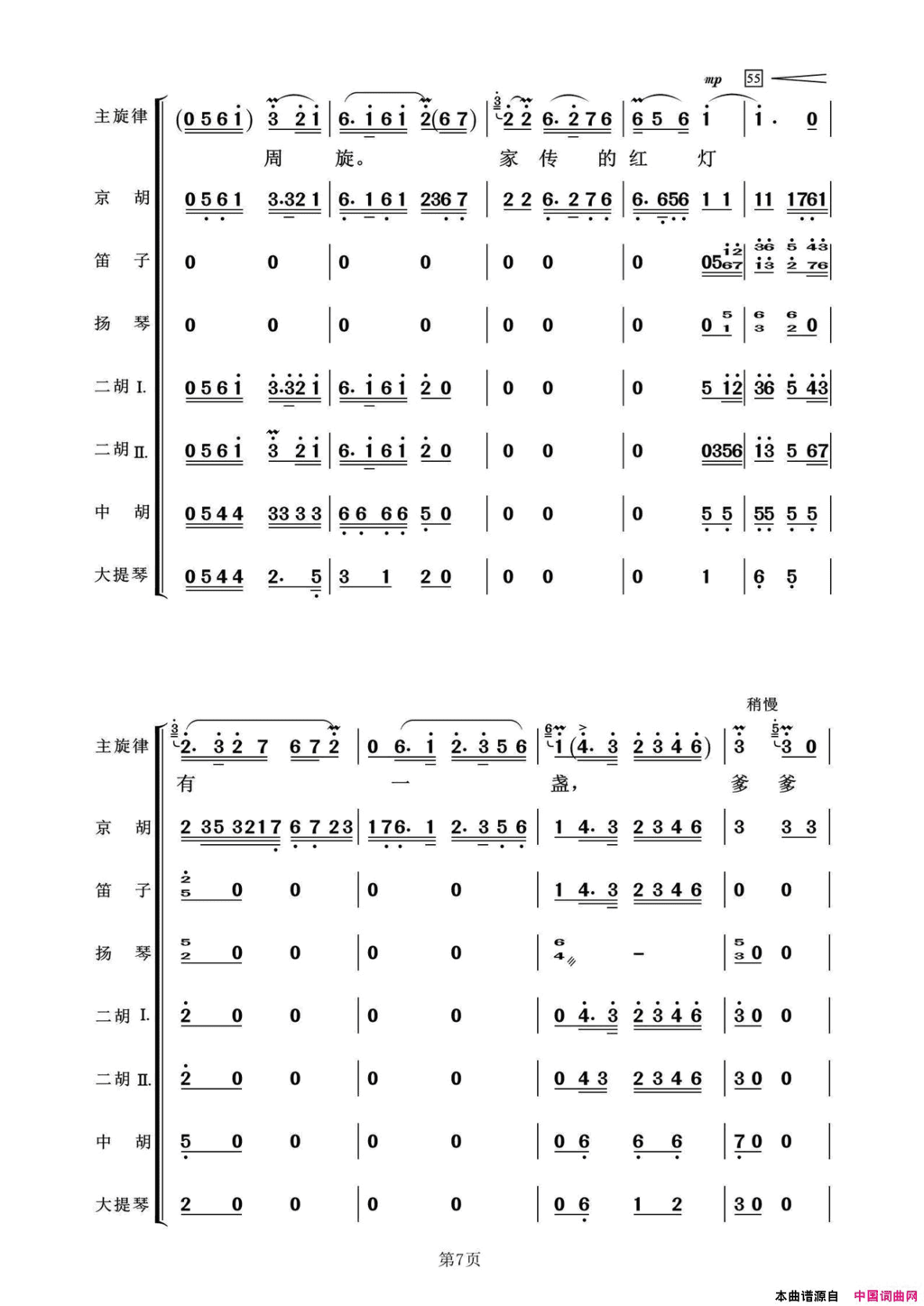 光辉照儿永向前京剧《红灯记》选段、唱腔+伴奏总谱简谱